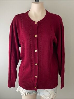 80s 90s Wool Blend Braemar Burgundy Merlot Knit Button Down Cardigan Sweater